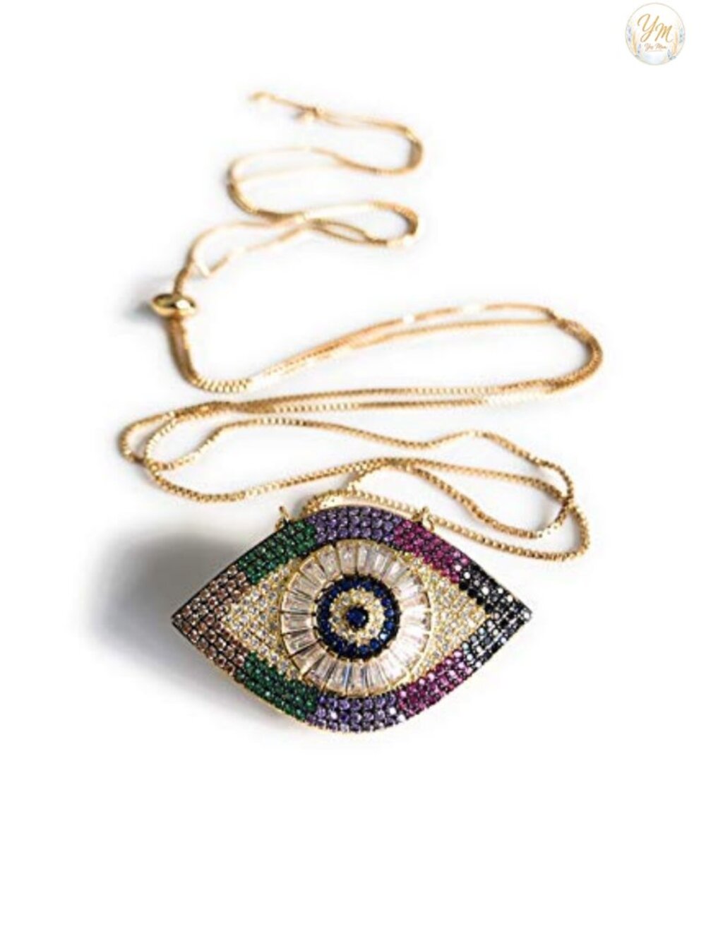 Evil Eye Pendant Necklace, Gold Plated, Adjustable Sliding Bead, Cubic Zirconia